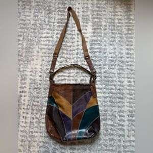 Patchwork Leather Crossbody Bag in Brown, Teal, Purple & Mustard